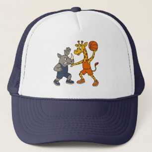 Cartoon giraffe & rhino playing basketball trucker hat