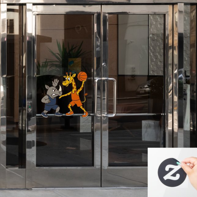 Cartoon giraffe & rhino playing basketball window cling (Office Door)