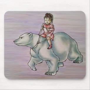 Cartoon Girl Child Riding Polar Bear Drawing Mouse Mat