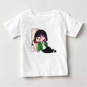 Cartoon Girl Drinking Milk with Phone Illustration Baby T-Shirt