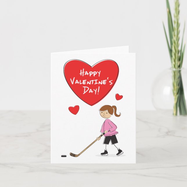 Cartoon Girl Hockey Valentines Card (Front)