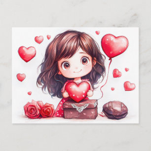 Cartoon Girl Holding Heart Romantic Valentine’s Da Postcard