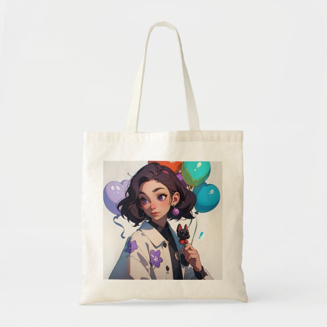 Cartoon Girl Holding Pet And Balloons  Tote Bag (Front)