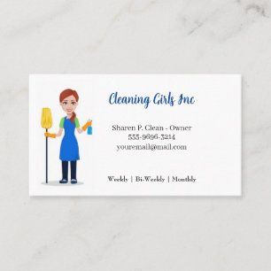 Cartoon Girl House Cleaning Service Business Card