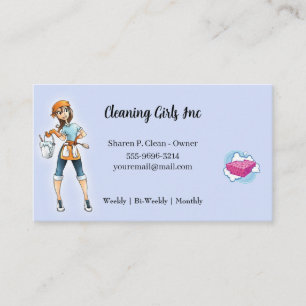 Cartoon Girl House Cleaning Service Business Card