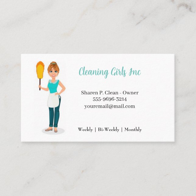 Cartoon Girl House Cleaning Service Business Card (Front)
