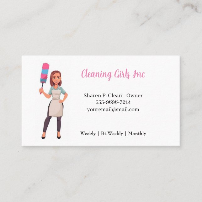 Cartoon Girl House Cleaning Service Business Card (Front)