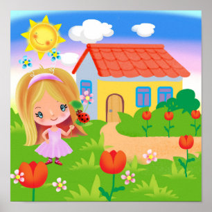 Cartoon girl in a magic garden and house poster