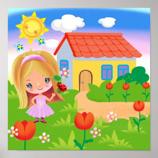 Cartoon girl in a magic garden and house poster (Front)