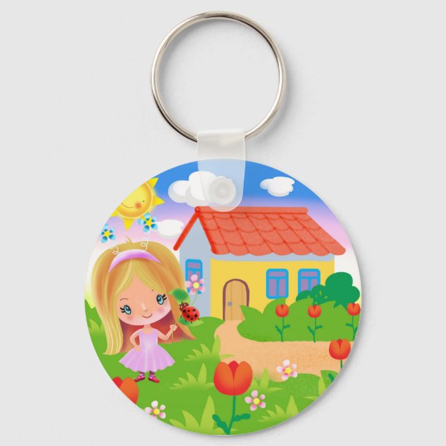 Cartoon girl in a magic garden and house poster key ring (Front)
