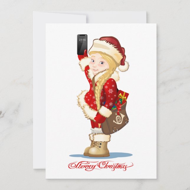 cartoon, girl, maiden, christmas, gifts, postman,  invitation (Front)