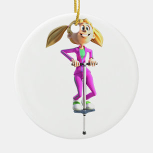 Cartoon Girl on a Pogo Stick Ceramic Tree Decoration