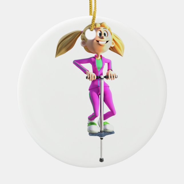 Cartoon Girl on a Pogo Stick Ceramic Tree Decoration (Front)