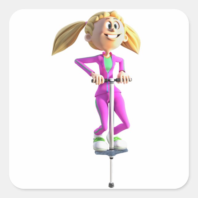 Cartoon Girl on a Pogo Stick Square Sticker (Front)