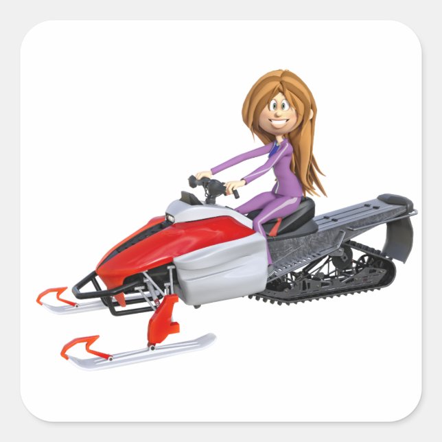 Cartoon Girl on a Snowmobile Square Sticker (Front)