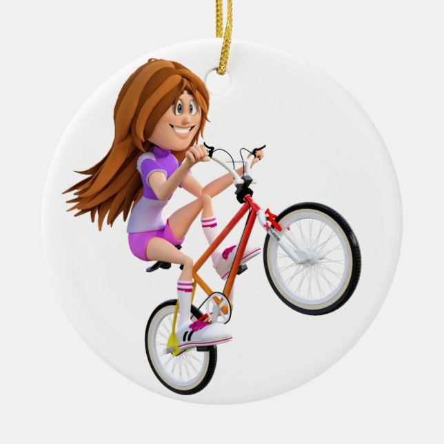 Cartoon Girl on Bike Doing A Wheelie Ceramic Tree Decoration (Front)