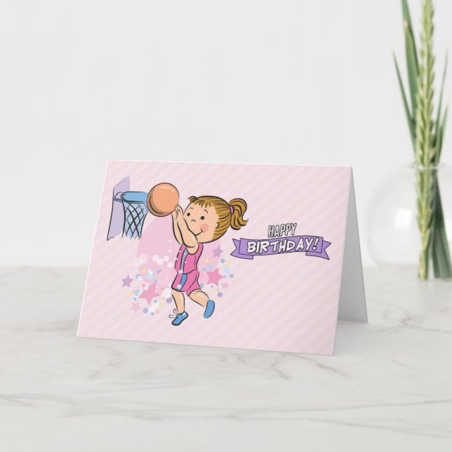 Cartoon Girl Playing Basketball Birthday Card (Front)