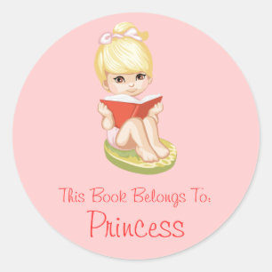 Cartoon Girl Reading Book Label