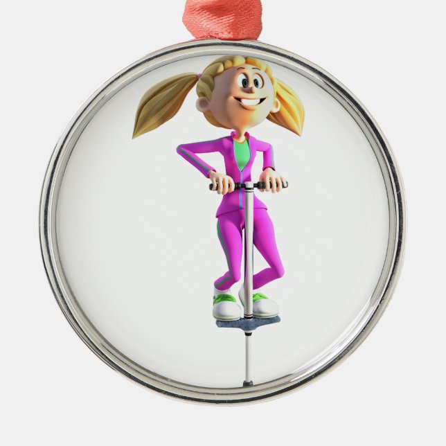 Cartoon Girl Riding a Pogo Stick Metal Tree Decoration (Front)