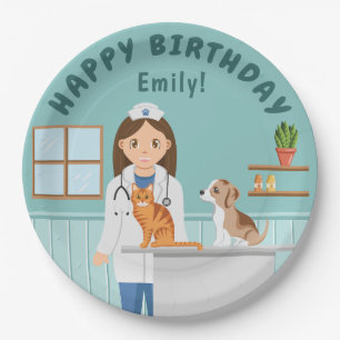 Cartoon Girl Veterinarian Teal Happy Birthday Paper Plate
