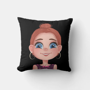 Cartoon Girl with Big Eyes on Black  Cushion