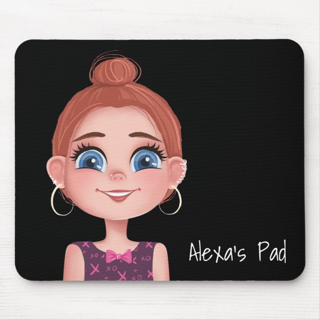 Cartoon Girl with Big Eyes on Black Mouse Mat (Front)