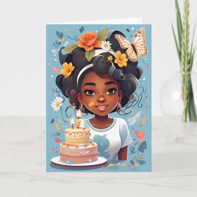 Cartoon girl with birthday cake card (Front)