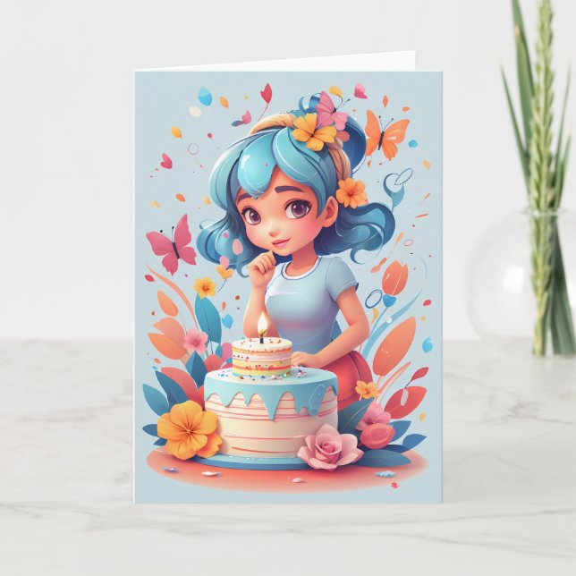 Cartoon girl with birthday cake | Card (Front)