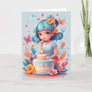 Cartoon girl with birthday cake   Card