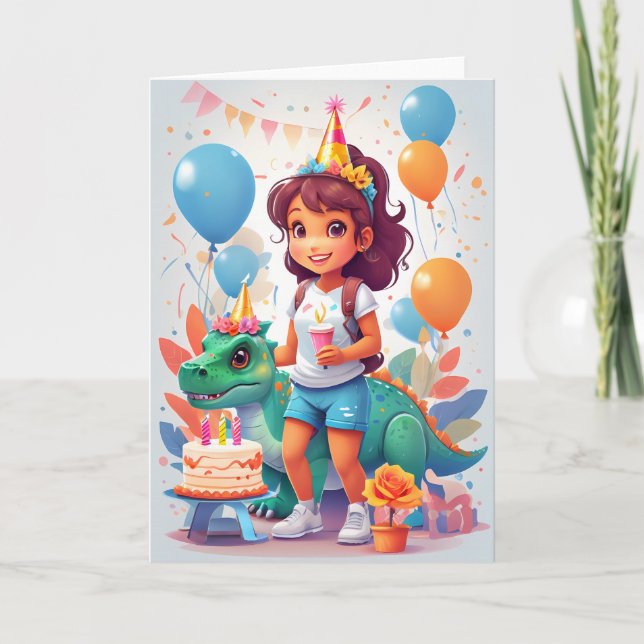 Cartoon girl with birthday cake & dinosaur card (Front)