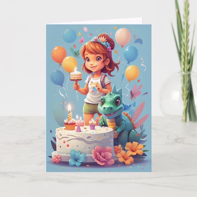 Cartoon girl with birthday cake & dinosaur card (Front)