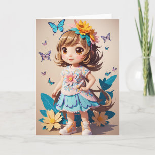 Cartoon Girl with flowers Card
