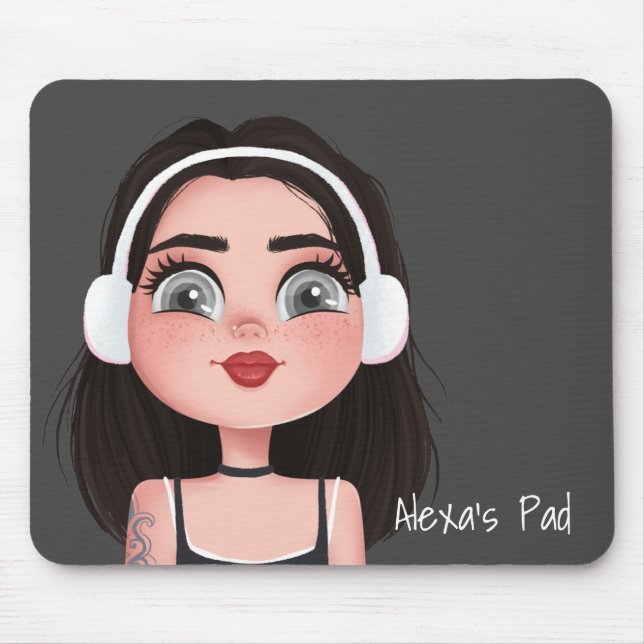 Cartoon Girl with Headphones on Grey Mouse Mat (Front)