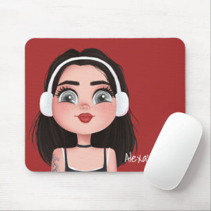Cartoon Girl with Headphones on Red Mouse Mat