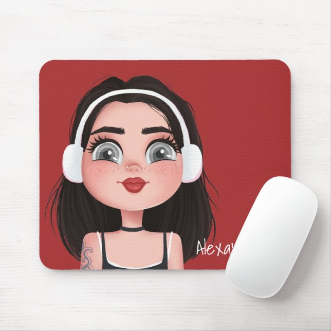 Cartoon Girl with Headphones on Red Mouse Mat (With Mouse)