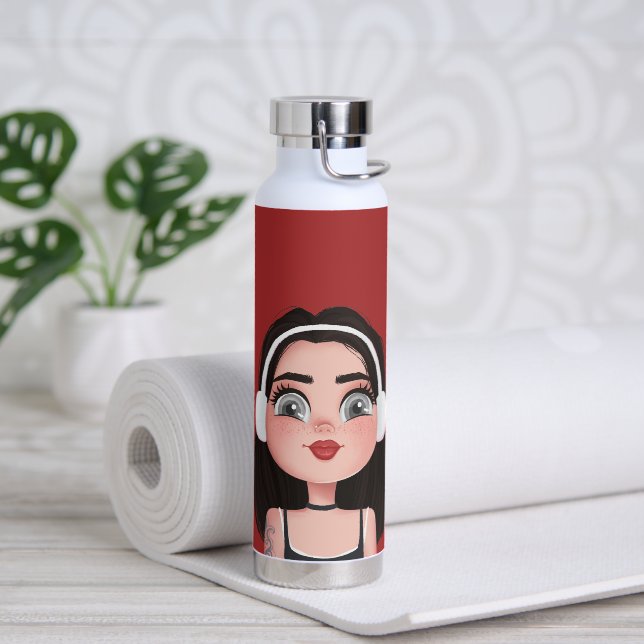 Cartoon Girl with Headphones  Water Bottle (Yoga)