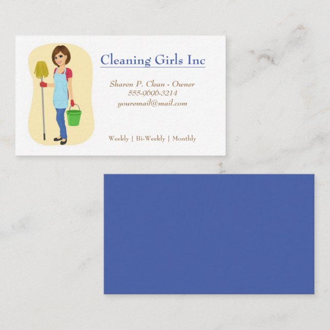 Cartoon Girl With Mop House Cleaning Service Business Card (Front/Back)