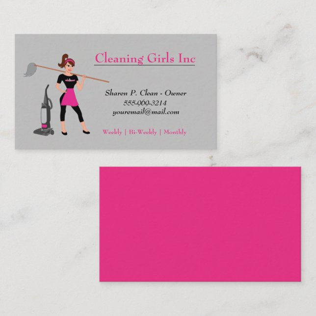 Cartoon Girl With Mop House Cleaning Service Business Card (Front/Back)
