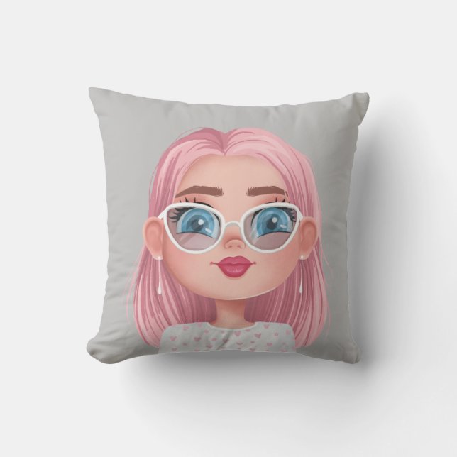 Cartoon Girl with Pink Hair Cushion (Front)