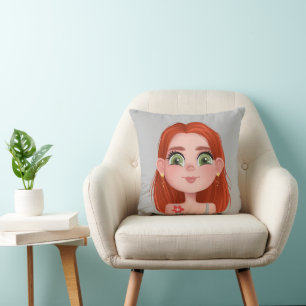 Cartoon Girl with Red Hair and Green Eyes  Cushion