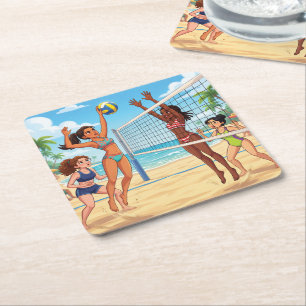 Cartoon Girls Playing Beach Volleyball Square Paper Coaster