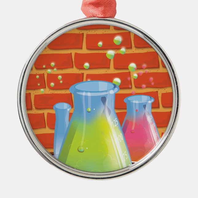 Cartoon Glass Science equipment on a bench Metal Tree Decoration (Front)
