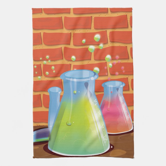 Cartoon Glass Science equipment on a bench Tea Towel (Vertical)