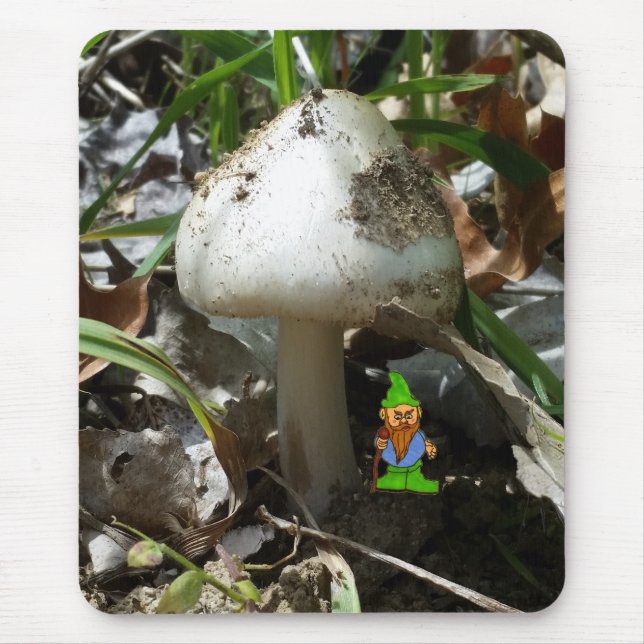 Cartoon Gnome under a Mushroom Mouse Mat (Front)