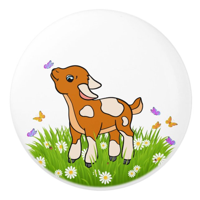 Cartoon Goat and Butterfly  Ceramic Knob (Front)