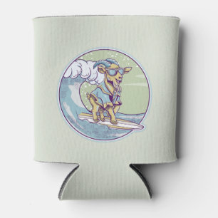 Cartoon goat on a surfboard can cooler
