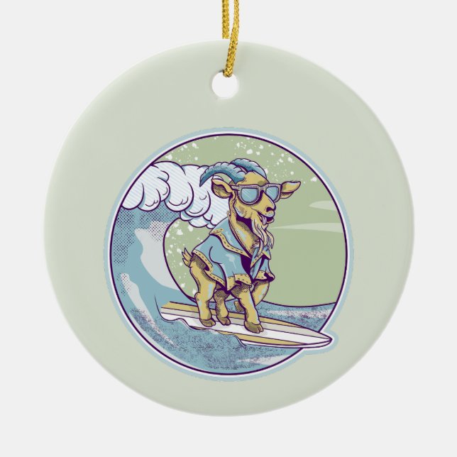 Cartoon goat on a surfboard ceramic tree decoration (Front)