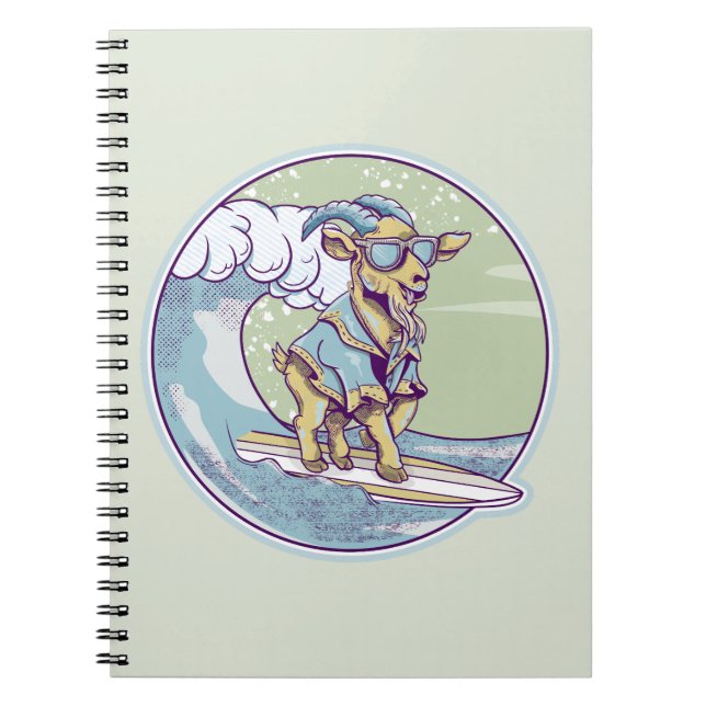 Cartoon goat on a surfboard notebook (Front)