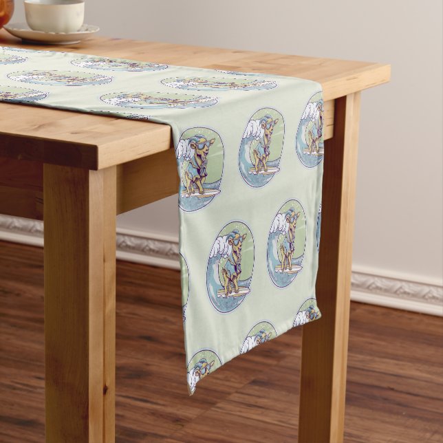 Cartoon goat on a surfboard short table runner (In Situ)