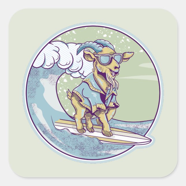 Cartoon goat on a surfboard square sticker (Front)